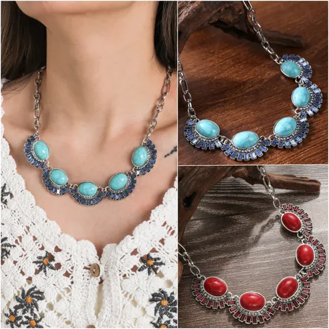 Vintage Ethnic Statement Alloy Rhinestone Necklace Geometric Simulated Turquoise Pendant Chunky Chain Choker For Women Party Jewelry