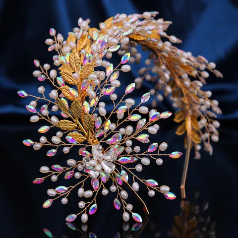 Handmade Baroque Alloy Artificial Pearl Rhinestone Headband Elegant Metallic Leaf Design Bridal Headpiece Hair Accessories For Women Banquet Wedding Dress Party