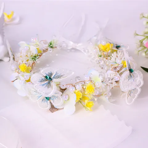 Handmade Floral Butterfly Hair Garland Wreath Headband With Artificial Pearl Rhinestone Fabric Flower Headpiece For Wedding Performance Women Hair Accessories
