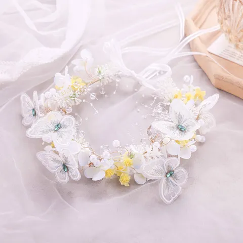 Handmade Floral Butterfly Hair Garland Wreath Headband With Artificial Pearl Rhinestone Fabric Flower Headpiece For Wedding Performance Women Hair Accessories