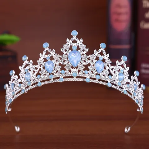 Baroque Alloy Rhinestone Crown Headpiece Vintage Opal Silver Color Tiara For Prom Party Birthday Wedding Women Hair Accessories