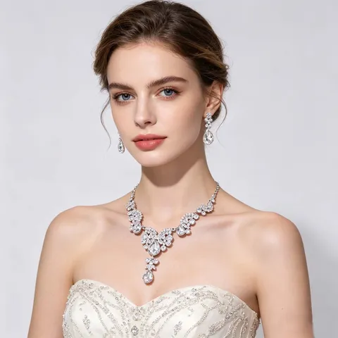 Luxus Metall Strass Wassertropfen Halskette Ohrringe Schmuckset Glänzendes Choker Kette Für Hochzeit Party Abschlussball Kleid Accessoires Damen