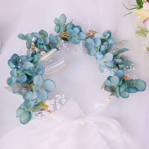 Elegant Fabric Satin Blue Flower Wreath Headband With Artificial Pearl Forest Style Floral Bridal Hair Garland For Wedding Beach Vacation Photography Accessories