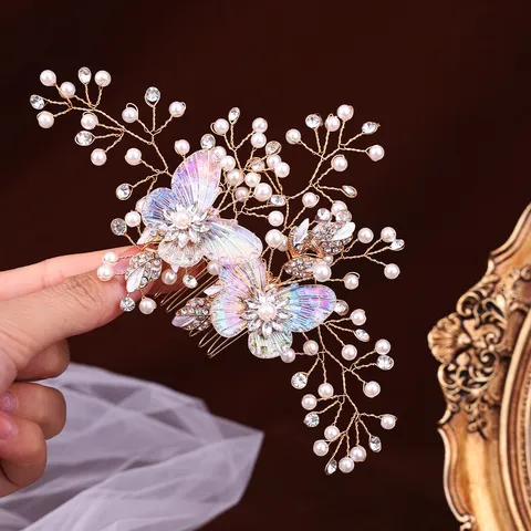 Peigne Cheveux Mariée Vintage Fait Main Papillon Accessoire Cheveux Alliage Perle Artificielle Strass Feuille Pince Mariage Femme