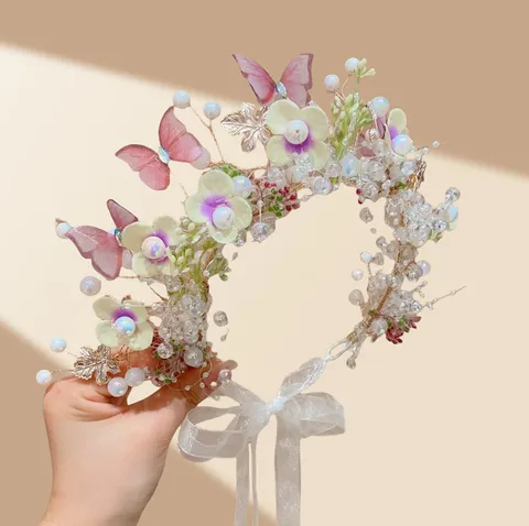 Handmade Bridal Flower Butterfly Hair Vine Romantic Artificial Pearl Rhinestone Headband Elegant Wedding Hair Accessories For Women