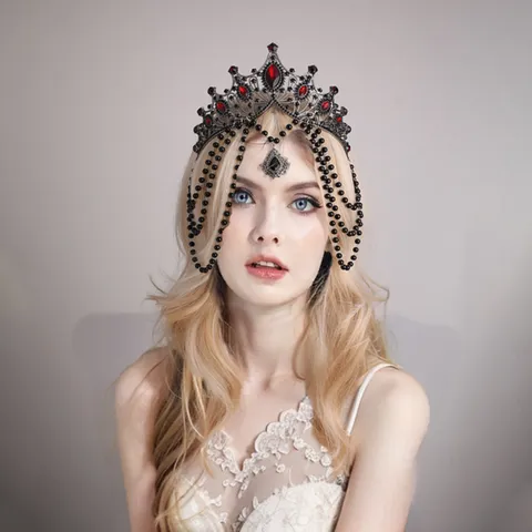 Gothic Lolita Halo Crown Headpiece Vintage Baroque Rhinestone Beaded Tassel Headband Halloween Party Cosplay Costume Hair Accessories