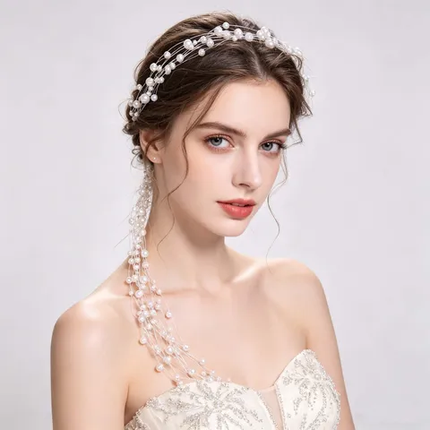 Elegant Western Alloy Bridal Headband With Long Tassel Artificial Pearl Mesh Fabric Flower Romantic Wedding Wreath Headwear For Women Party