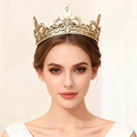 Baroque Vintage Alloy Rhinestone Full Round Crown Headwear Western Court Fleur De Lis Tiara For Wedding Party Performance Unisex Jewelry Accessories