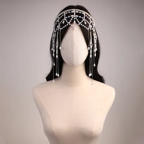 Elegant Bridal Alloy Artificial Pearl Headband With Detachable Long Tassel Forehead Chain Grid Hair Network Prom Wedding Women Headwear