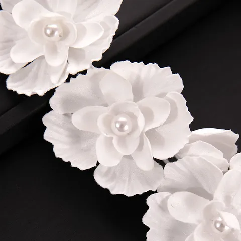 Handmade Fabric Flower Bridal Headband With Artificial Pearl Tassel Korean Ethereal Wedding Hair Band Ear Hook Headwear For Studio Women
