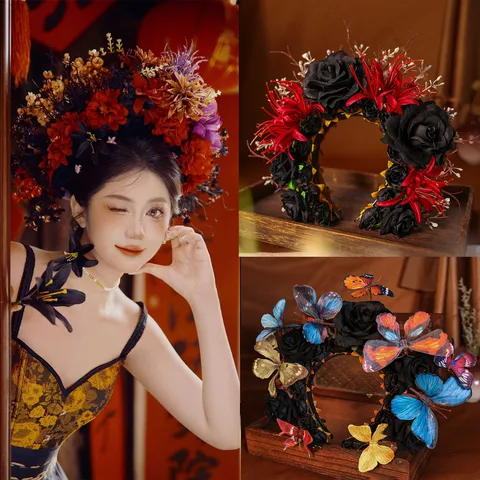 Gothic Vintage Artificial Flower Headband Butterfly Rose Crown Costume Hair Accessory For Halloween Photography Party Travel Unisex