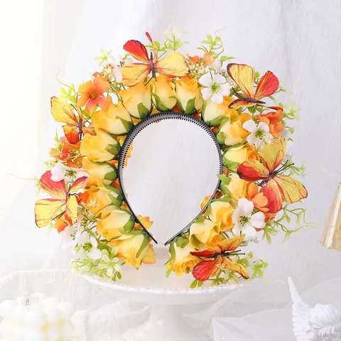 Serre-tête Fleurs Artificielles Fait Main Avec Papillon 3D Accessoires de Cheveux de Mariage de Luxe Coiffe de Fête pour Femme Bijoux