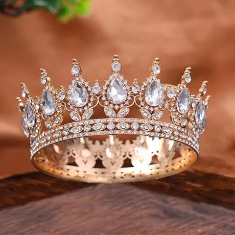 Vintage Alloy Rhinestone Crown Tiara Luxurious Round Bride Wedding Hair Accessories For Women Birthday Queen Crown Party Jewelry