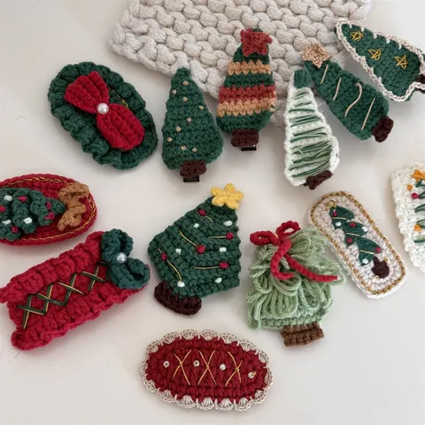 Handmade Knitted Yarn Christmas Tree Hair Clip Sweet Cute Side Hairpin Holiday Hair Accessories For Kids Girls