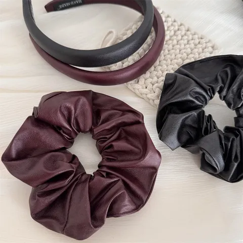 Retro Soft PU Leather Headband And Scrunchie Elegant Solid Color Hair Band Casual Daily Hair Accessories For Women
