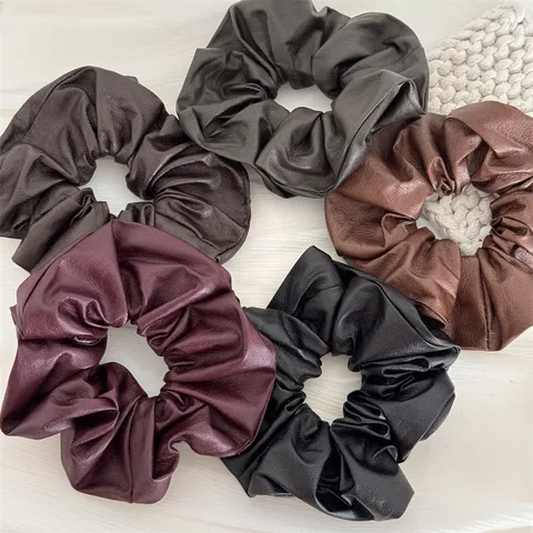 Retro Soft PU Leather Headband And Scrunchie Elegant Solid Color Hair Band Casual Daily Hair Accessories For Women