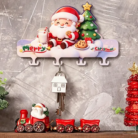 Christmas Wooden Wall Hook Cartoon Santa Claus Elk Snowman Key Holder Decorative Wall Rack For Home Entrance Holiday Party Decor