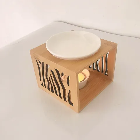 Natural Wooden Hollow Aromatherapy Candle Holder With Ceramic Dish Essential Oil Wax Melt Burner Home Decor