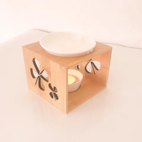 Natural Wooden Hollow Aromatherapy Candle Holder With Ceramic Dish Essential Oil Wax Melt Burner Home Decor