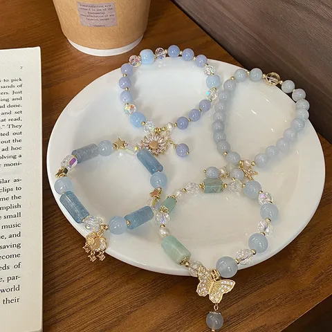 New Chinese Style Blue Chalcedony Beaded Bracelet With Rhinestone Butterfly Peace Lock Pendant Elegant Jewelry For Women