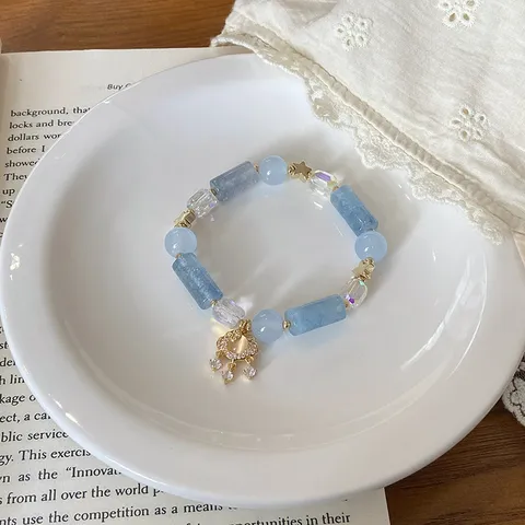 New Chinese Style Blue Chalcedony Beaded Bracelet With Rhinestone Butterfly Peace Lock Pendant Elegant Jewelry For Women