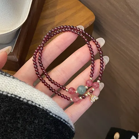Natural Garnet Beaded Bracelet For Women Strawberry Quartz Jadeite Agate Double Wrap Ethnic Vintage Bracelet Safety Buckle Horse Pendant