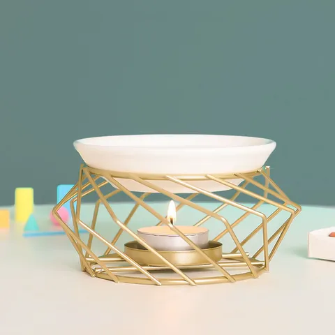 Quemador de Aromaterapia con Soporte de Hierro Geométrico Minimalista Nórdico Cobre Cerámica Portavelas de Aceite Esencial Decoración del Hogar