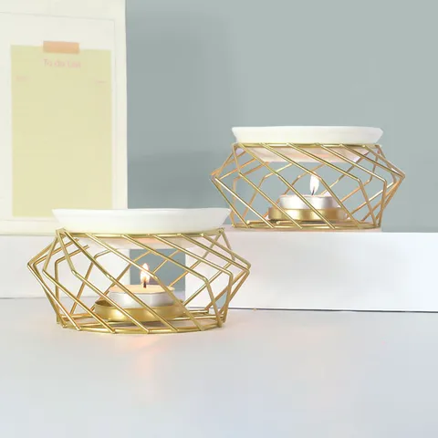 Quemador de Aromaterapia con Soporte de Hierro Geométrico Minimalista Nórdico Cobre Cerámica Portavelas de Aceite Esencial Decoración del Hogar
