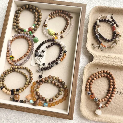New Chinese Style Sandalwood Double Layer Beaded Bracelet Vintage Artistic Wood Beads Hand Jewelry For Women Commuting Gift