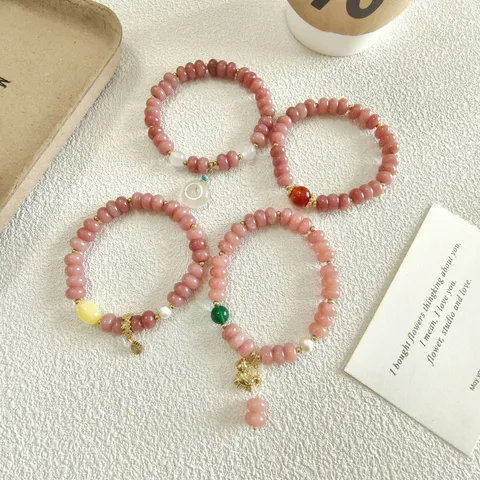 Sweet Pink Quartz Stone Abacus Beaded Bracelet For Women Gentle Girlish Agate Artificial Pearl Safety Buckle Charm Hand Chain Jewelry Gift