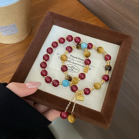 Chinese Stijl Vintage Cinnaber Tijgeroog Steen Kralen Armband Met Vredesslot Kwastje Etnische Stijl Gelaagde Armband Voor Vrouwen Sieraden Cadeau