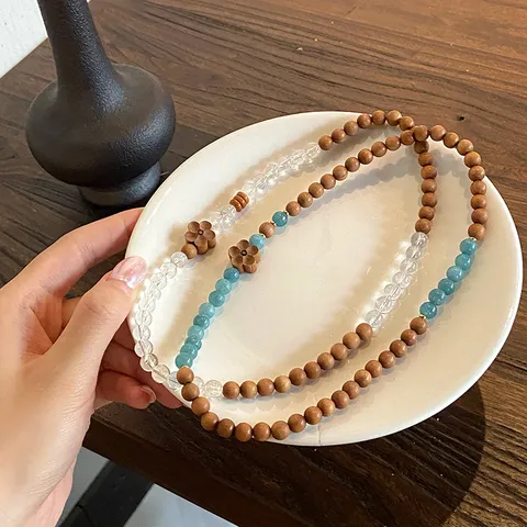 New Chinese Style Natural Clear Quartz White Crystal Sandalwood Wooden Beads Double Loop Bracelet Peach Blossom Flower Charm Strand Bracelet For Women Retro Elegant Handmade Jewelry Gift