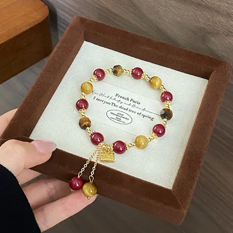 Chinese Stijl Vintage Cinnaber Tijgeroog Steen Kralen Armband Met Vredesslot Kwastje Etnische Stijl Gelaagde Armband Voor Vrouwen Sieraden Cadeau