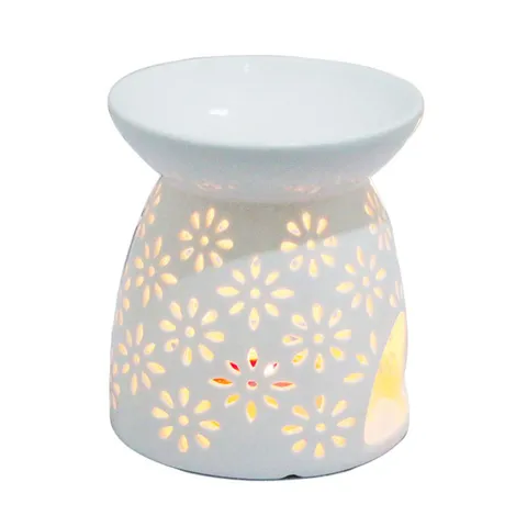 Quemador de Incienso de Cerámica Blanca Diseño Floral Calado Quemador de Aceite Esencial Portavelas Decoración del Hogar