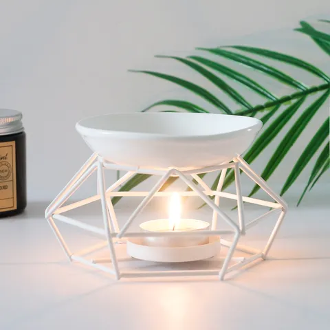 Brûleur d'Arôme d'Huile Essentielle en Céramique Blanche Avec Support Métallique Géométrique Porte-Bougie Chauffe-Plat Déco Maison