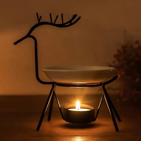 Lampe à Huile Essentielle de Cerf en Céramique et Fer Brûleur d'Aromathérapie Bougeoir Style Européen Décoration d'Intérieur
