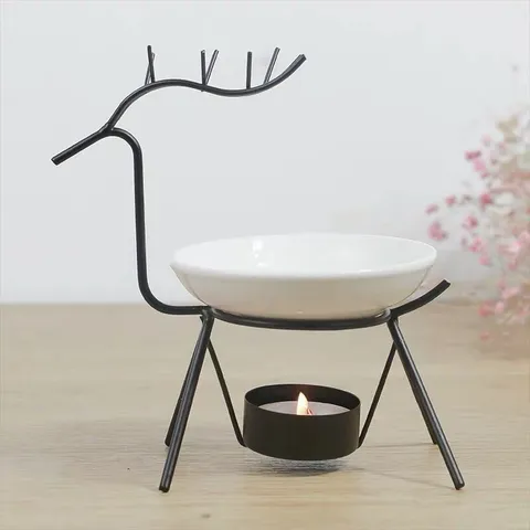 Lampe à Huile Essentielle de Cerf en Céramique et Fer Brûleur d'Aromathérapie Bougeoir Style Européen Décoration d'Intérieur