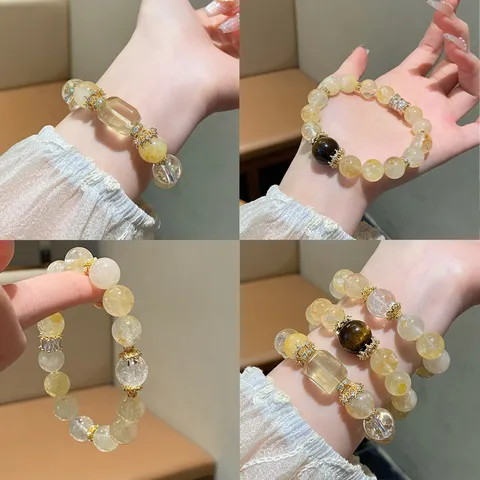 Neo-Chinese Retro Yellow Hematoid Quartz Clear Quartz Tigers Eye Beaded Bracelet Handmade Light Luxury Rhinestone Charm Strand Bracelet for Women Jewelry Gift