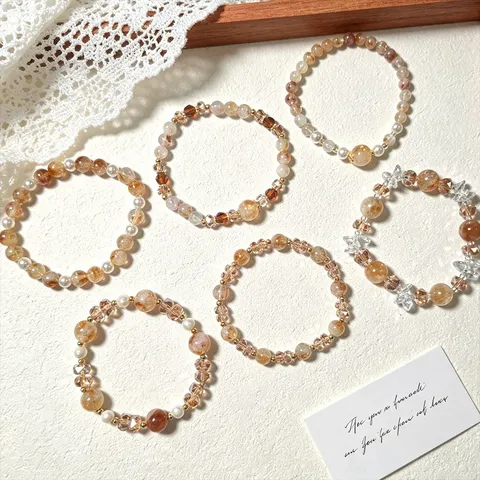 Neo-Chinese Retro Citrine Quartz Beaded Elastic Strand Bracelet Elegant Geometric Rhinestone Artificial Pearl Hand Chain Jewelry For Women Travel Souvenir Gift