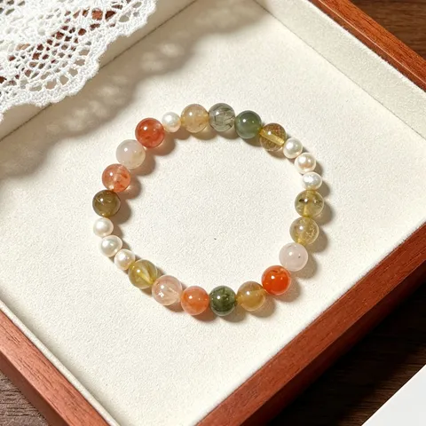 Retro Chinese Style Rutilated Quartz Beaded Bracelet Elegant Freshwater Pearl Clear Quartz Hand Strand For Women Literary Fine Jewelry Gift