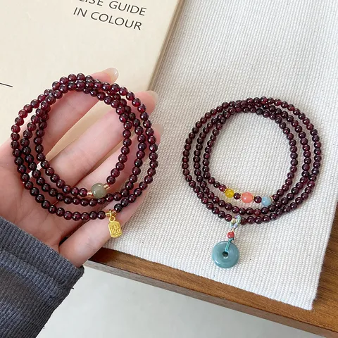 Pulsera de Cuentas Multicapa de Granate de Estilo Chino para Mujer Retro Jade Nefrita Jadeíta Bucle de Seguridad Cobre Dije Brazalete Joyería Regalo