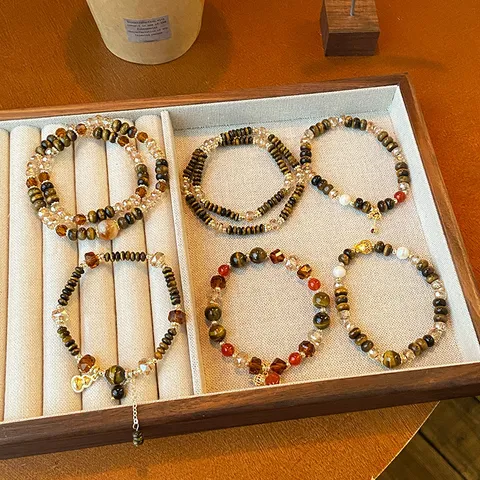Chinese Retro Artistic Tiger Eye Stone Beaded Bracelet For Women Maillard Natural Stone Artificial Crystal Copper Gourd Pendant Lucky Strand Bracelet
