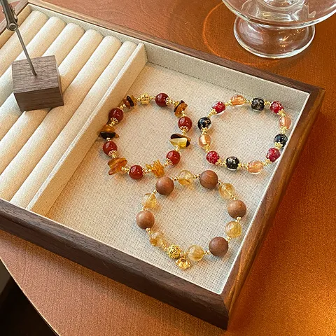 Chinese Style Fortune Bracelet Yellow Crystal Liuli Beads With Gold Lock Charm Sandalwood Beaded Bracelet For Women New Year Gifts Jewelry