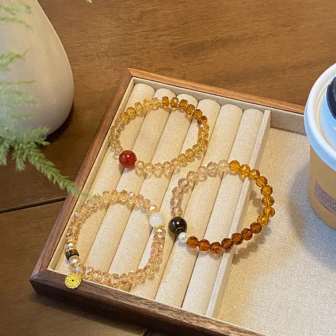Vintage Chinese Style Artificial Crystal Gradient Bead Bracelet Women Elegant Copper Agate Tiger Eye Hand String Jewelry