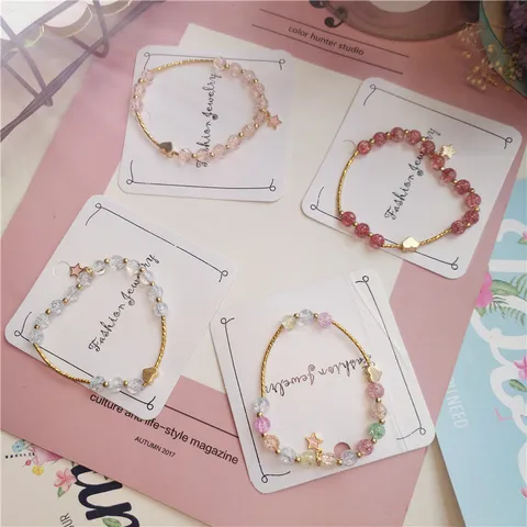 Sweet Vintage Crackled Quartz Crystal Beaded Bracelet For Women Alloy Heart Star Pendant Elastic Strand Charm Bracelet Jewelry