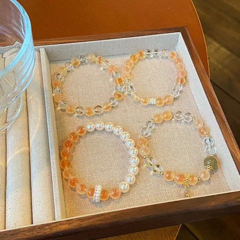 New Chinese Style Sweet Sugar Heart Agate Beaded Bracelet For Women Artificial Crystal Pearl Strand Charm Bangle Girls Friend Birthday Gift Jewelry