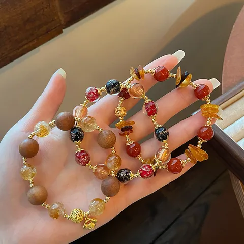 Chinese Style Fortune Bracelet Yellow Crystal Liuli Beads With Gold Lock Charm Sandalwood Beaded Bracelet For Women New Year Gifts Jewelry