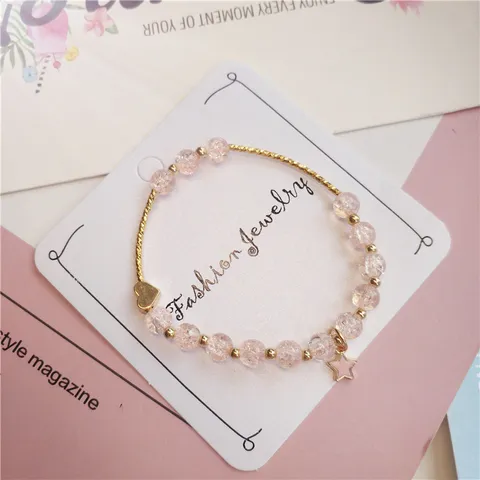 Sweet Vintage Crackled Quartz Crystal Beaded Bracelet For Women Alloy Heart Star Pendant Elastic Strand Charm Bracelet Jewelry