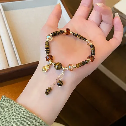 Chinese Retro Artistic Tiger Eye Stone Beaded Bracelet For Women Maillard Natural Stone Artificial Crystal Copper Gourd Pendant Lucky Strand Bracelet