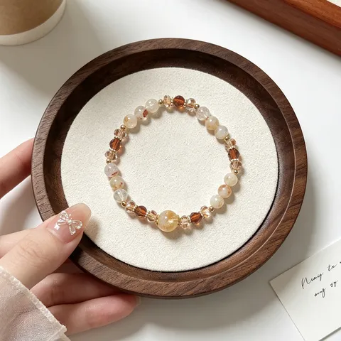 Neo-Chinese Retro Citrine Quartz Beaded Elastic Strand Bracelet Elegant Geometric Rhinestone Artificial Pearl Hand Chain Jewelry For Women Travel Souvenir Gift
